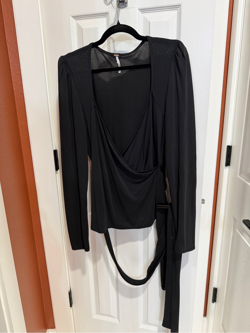 Free People Black/Charcoal Draped Wrap Long-Sleeve Blouse